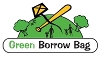The Green Borrow Bag logo, with an illustration of a green hill with two trees, a family flying a kite and a cricket bat