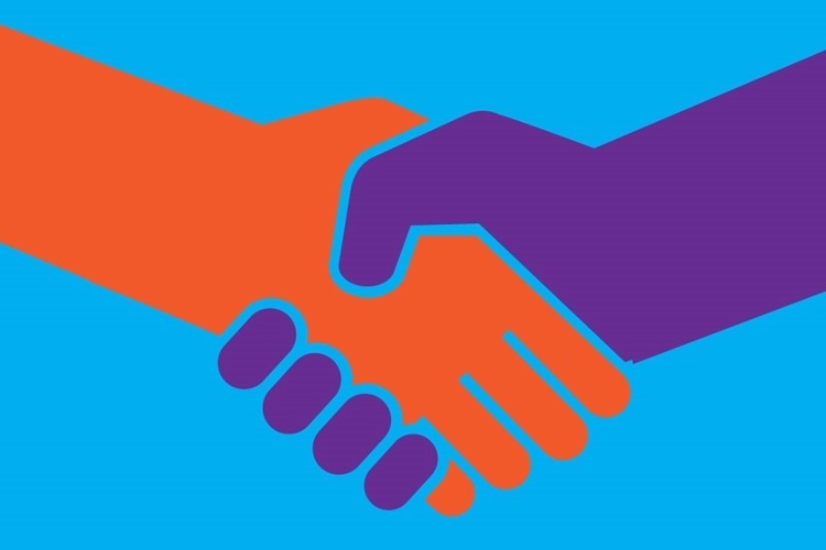 Resolution - Landing page image An illustration of a handshake, with one red hand and one purple hand