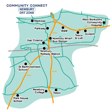A map of the Community Connect Newbury DTR Zone, covering: Cheap Street, Market Street, Monks Lane, Newbury College, Newbury Wharf, Park House, Park Way, St Barts School, Thatcham Hospital.