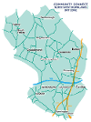 A map of the Community Connect North West Downlands DRT Zone, covering: Beedon, Boxford, Brightwalton, Catmore, Chaddleworth, Donnington, Downend, Farnborough, Fawley, Leckhampstead, North Heath, Peasmore, Snelsmore, Winterbourne