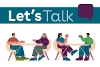 An illustration of four people sat down at two tables talking to each other.