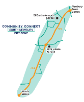 Map showing the South Newbury zone with the Northwest Downlands and Newbury on-demand bus service. 